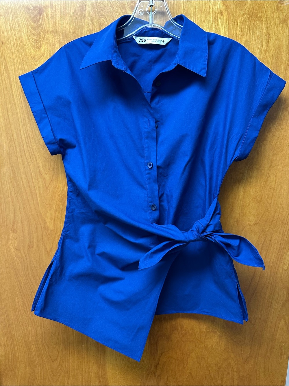 Zara Cobalt Blue Short-Sleeve Button-Front Tie-Waist Shirt